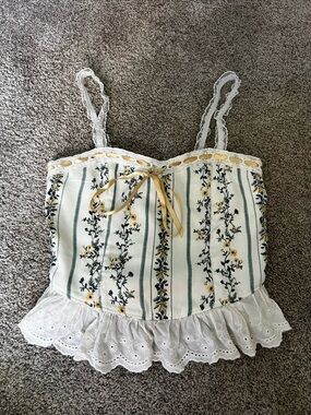 White Floral Lace-Trim Cami with Yellow Ribbon Accent